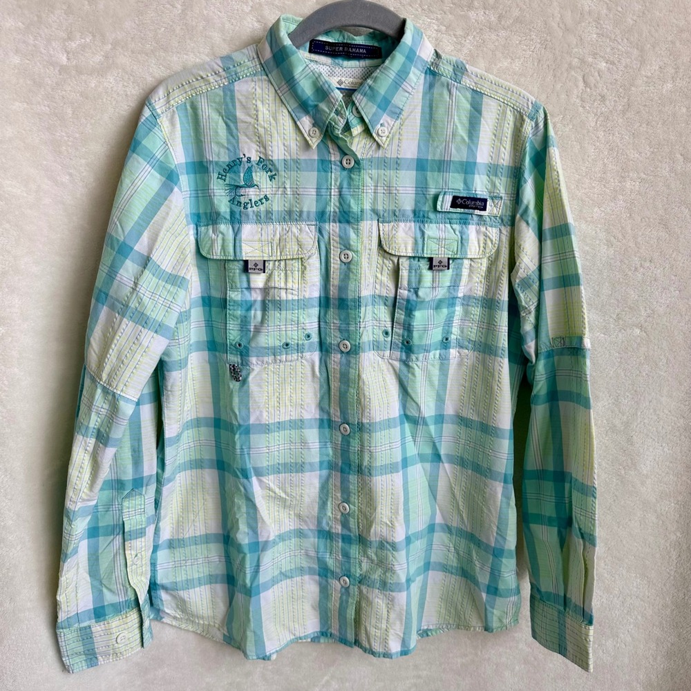 Columbia PFG Super Bahama Plaid Fishing Shirt Mint Aqua Womens XS